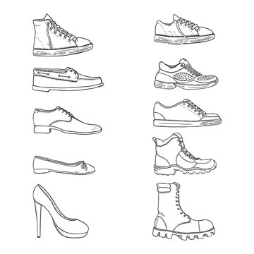 Vector Set of Sketch Shoes Items. Side View Collection