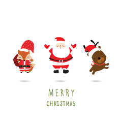 Light colorful christmas greeting card with fox,santa claus and