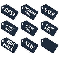 Discount sale price tags labels stikers. Icons isolated. Flat design style. Icon set. Sale, Weekend, 3 2 1 day, best, big sales. Vector illustration