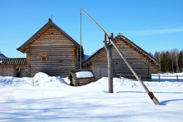 Wooden well from ancient farmhouses in the village of Bugrovo. Museum-reserve 