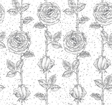 Vintage floral background. Vector ornate seamless  pattern with roses and leaves at engraving style