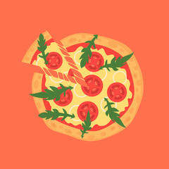 Hot pizza slice with melting cheese. Vector illustration of margherita