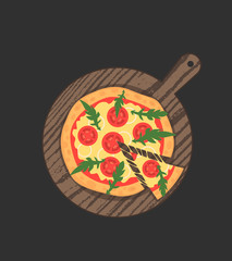 Margherita pizza on wooden board on black table. Slice with melting cheese. Vector illustration