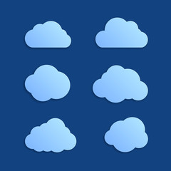Set of six light blue blank clouds icons for messages or web. Different form, isolated on dark blue background . Vector illustration, EPS 10.

