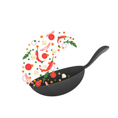 Cooking process vector illustration. Flipping Asian food in a pan. Cartoon style - obrazy, fototapety, plakaty