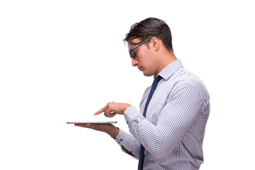 Businessman using his tablet computer isolated on white