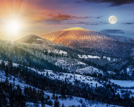 sunrise in winter carpathians 24 hour concept