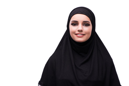 Muslim woman in black dress isolated on white