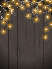 Christmas background, yellow lights on dark wood, illustration