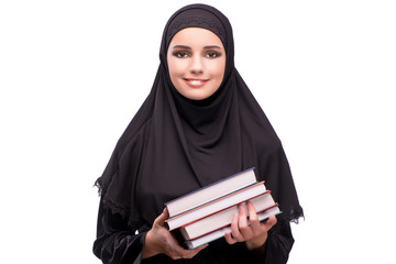 Muslim woman in black dress isolated on white