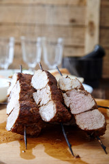 Skewered meat or shish kebabs of pork in marinade