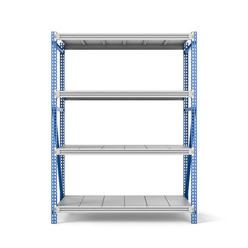 Rendering of metal rack with four shelves, isolated on a white background