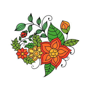 Colorful zentangle floral doodle sketch. Red and orange flowers and leaves vivid tattoo sketch. Ethnic tribal floral illustration