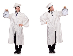 Young man student with clock isolated on white