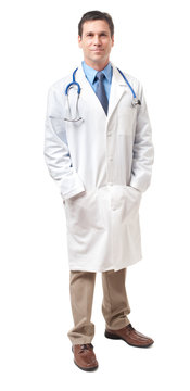 Full-length Male Man Doctor Physician In Lab Coat With Hands In Pockets Isolated On White Background