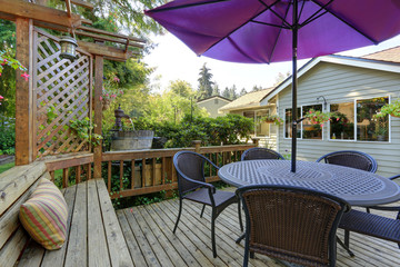 Backyard patio area with outdoor wicker furniture