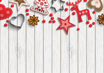Christmas background, small scandinavian styled decorations lying on white wooden backdrop, illustration