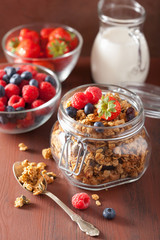 homemade healthy granola in glass jar and berries