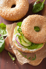 avocado sandwich on bagel with cream cheese onion cucumber arugu