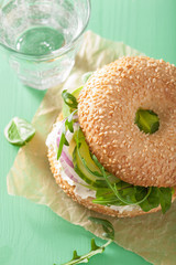 avocado sandwich on bagel with cream cheese onion cucumber arugu