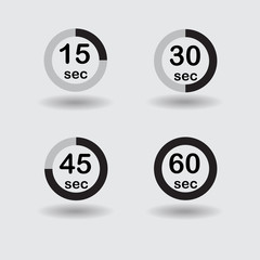 Time, clock, stopwatch, timer progress circles set 15 30 45 60 sec black vector illustration