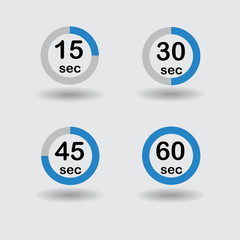 Time, clock, stopwatch, timer progress circles set 15 30 45 60 sec blue vector illustration