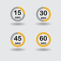 Time, clock, stopwatch, timer progress circles set 15 30 45 60 sec orange vector illustration