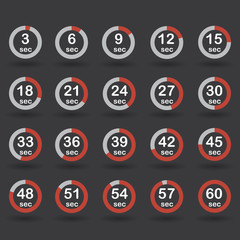 Time, clock, stopwatch, timer progress circles set 5-60 sec with increments of 5 sec red vector illustration
