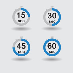 Time, clock, stopwatch, timer progress circles set 15 30 45 60 sec blue vector illustration