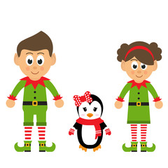 cartoon christmas elf and girl elf and winter penguin on a white background