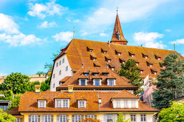 Ancient buildings with wooden roofs in Lucerne city in Switzerland