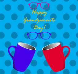 Grandparents Day, greeting card. Forget me not. Googles. Glasses. Blue font. Mugs. Vector illustration