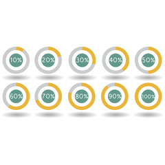 icons pie graph circle percentage yellow chart 10 20 30 40 50 60 70 80 90 100 % set illustration round vector