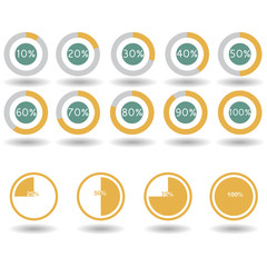 icons pie graph circle percentage yellow chart 10 20 25 30 40 50 60 70 75 80 90 100 % set illustration round vector