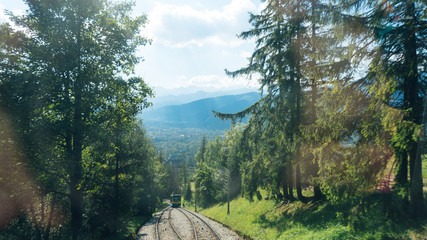 Railroad tracks for mountain lift on Gubalowka, Poland. - 123946054