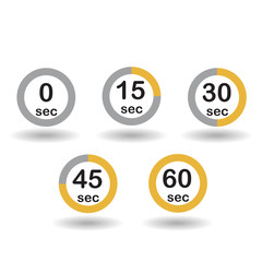 Time, clock, stopwatch, timer progress circles set 0 15 30 45 60 sec yellow sport rings vector illustration
