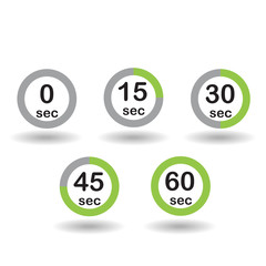 Time, clock, stopwatch, timer progress circles set 0 15 30 45 60 sec green sport rings vector illustration