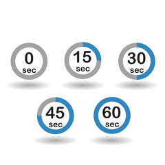 Time, clock, stopwatch, timer progress circles set 0 15 30 45 60 sec blue sport rings vector illustration