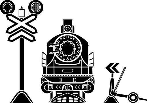 Railway stencils, semaphore, locomotive and railway switch