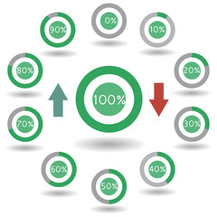 icons pie graph circle percentage green chart 0 10 20 30 40 50 60 70 80 90 100 % set illustration round vector