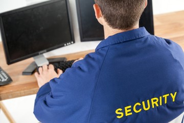 Security officer using computer