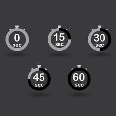Time, clock, stopwatch, timer progress circles set 0 15 30 45 60 sec black sport rings vector illustration
