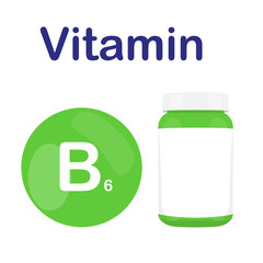 Vitamin B6 B 6 with bottle of pills tablets capsules. Red circle. Isolated icon. Vector illustration