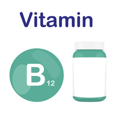 Vitamin B12 B 12 with bottle of pills tablets capsules. Red circle. Isolated icon. Vector illustration