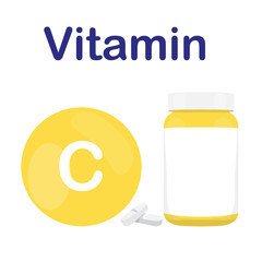 Vitamin C with bottle of tablets, capsules and pills. Yellow circle bubble. Vector illustration