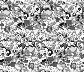 Creative doodles idea brainstorm gray scale seamless pattern.