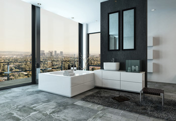 Upmarket stylish bathroom overlooking a city