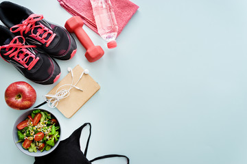 fitness theme, sport accessories on table