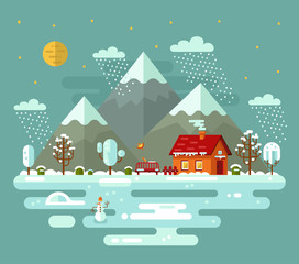 Flat design vector nature night winter landscape illustration with house, fence, pond, snowman, bench, moon, mountains, birds, clouds, trees, snow, snowflakes, snowfall, snowdrift, icicles.