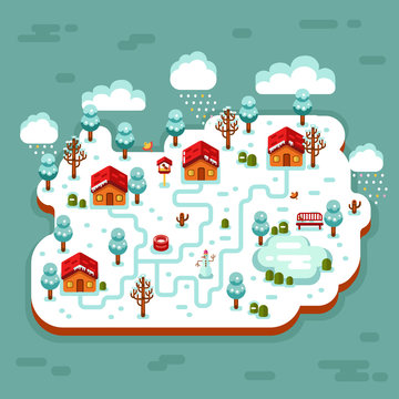 Vector flat style isometric 3d stock illustration of cartoon winter village, trees, well, footpath, pond, clouds, bench, snowman, snow, snowflakes, icicles, birds feeders. Night rural landscape.